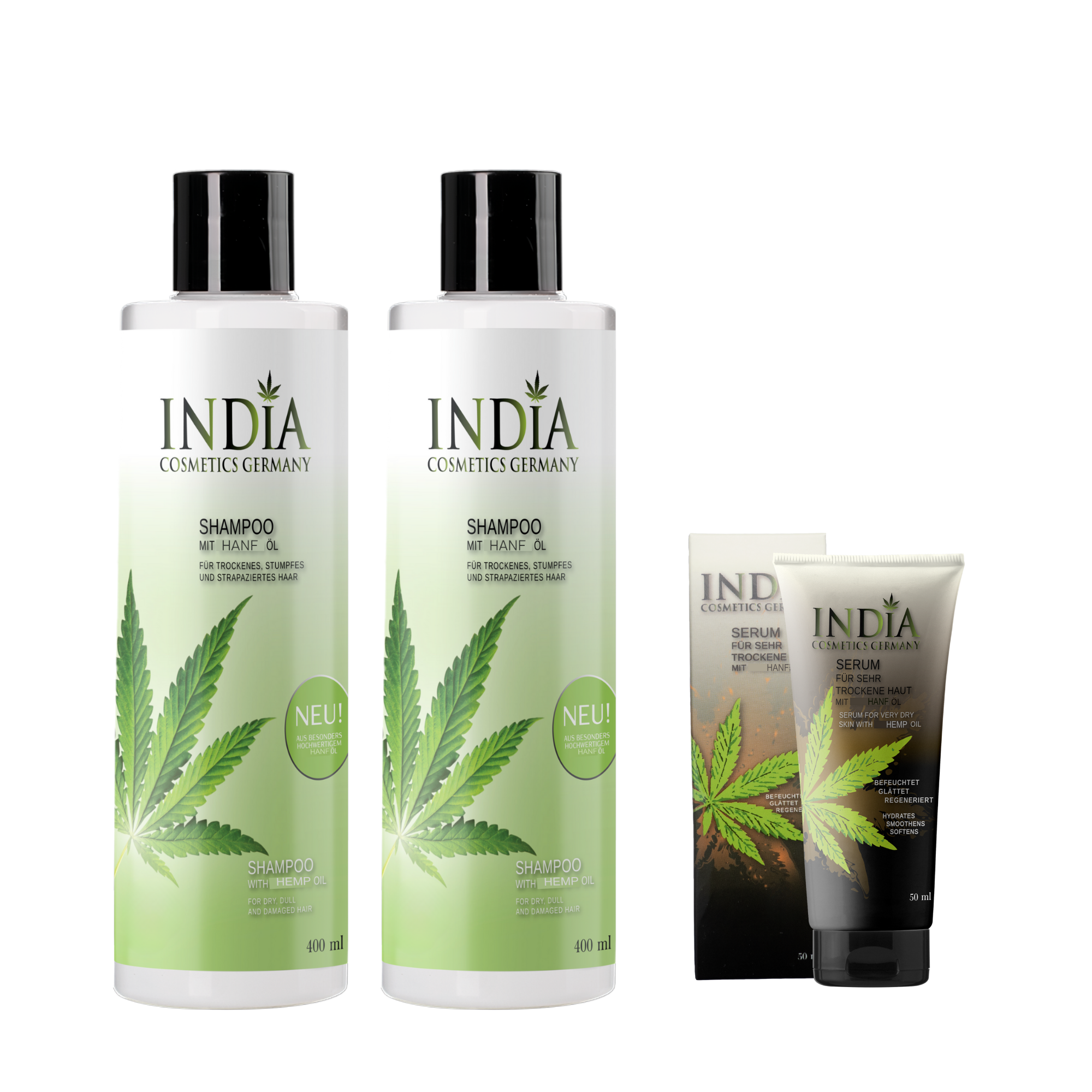 Shampoo Doppelpack mit Hanfsamen Vital-Öl. Premiumqualität mit 2x 400ml XXL Größe plus gratis Serum Haut Creme.